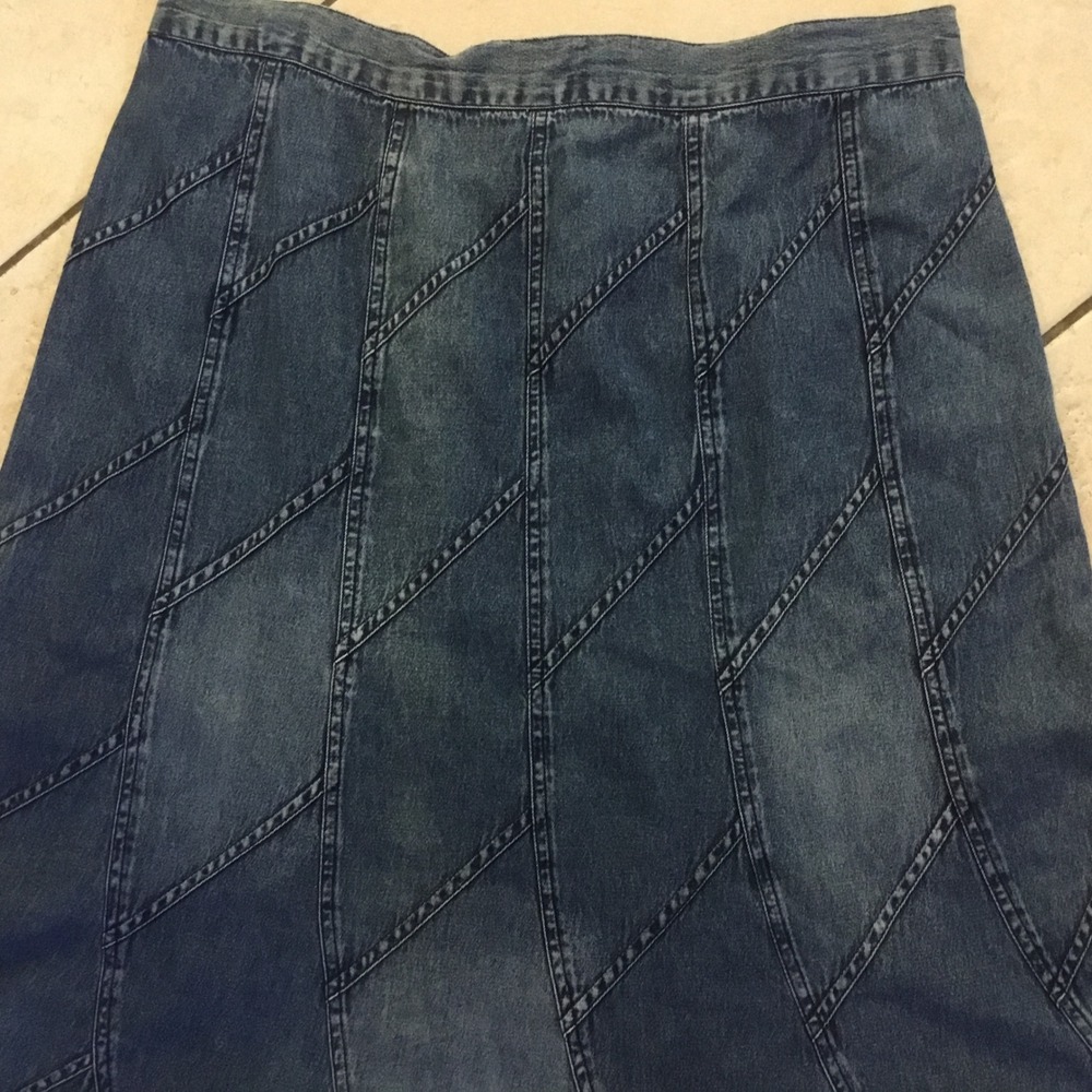 Blue Patchwork Denim Skirt‎ Vintage XL A-Line Elastic Back Boho Midi 100 Cotton - Picture 4 of 8